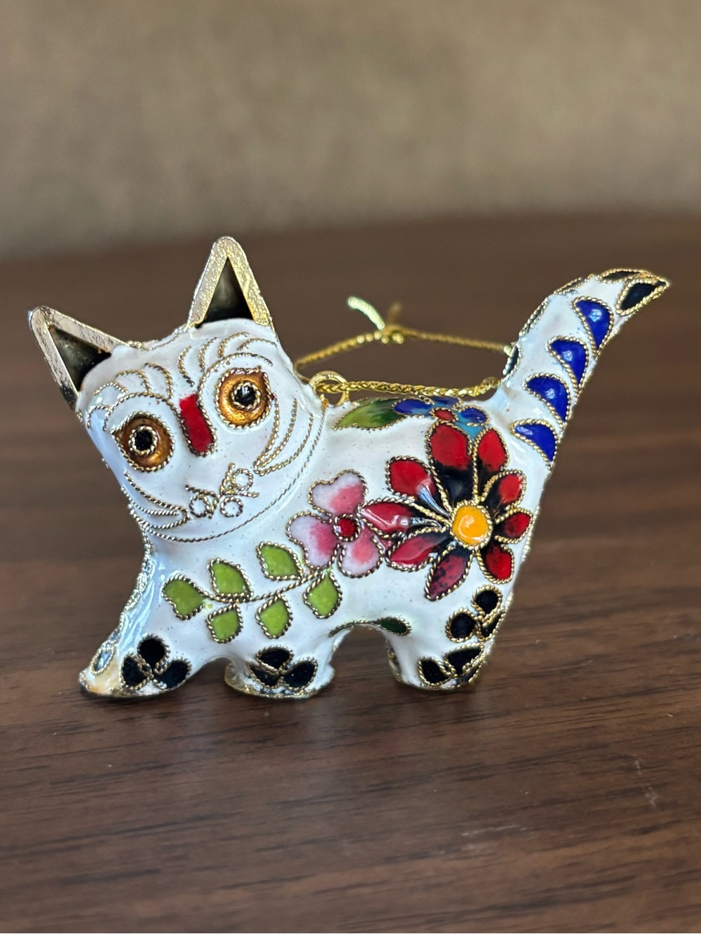 Vintage Cloisonné Enamel Cat Figurine Ornament Floral Gold Tone